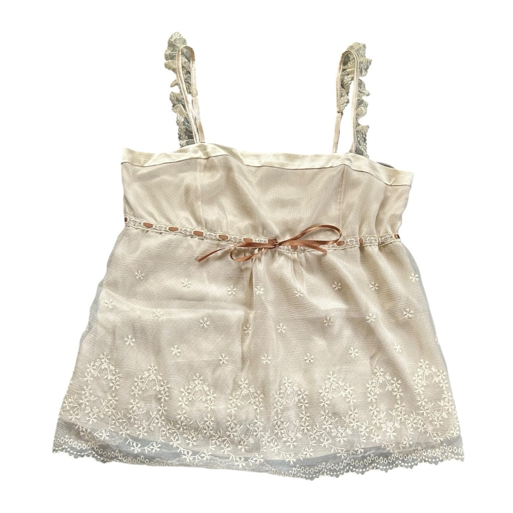 NU Paris Silk Babydoll Camisole Top Cream Floral Embroidery Y2K Fairycore Size 8